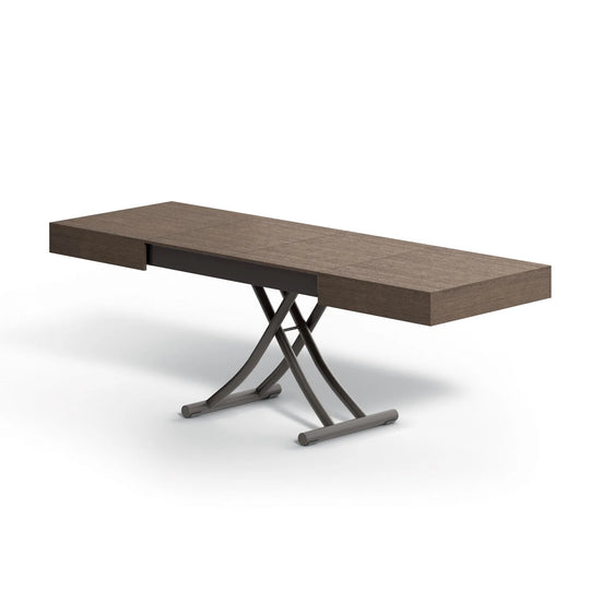 Wooden dining table with a unique metal base on a white background