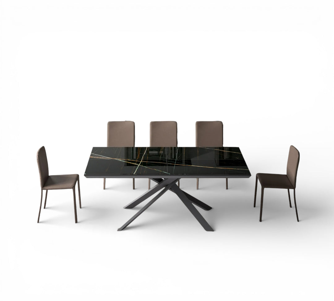 4x4 dining table with six chairs on a white background