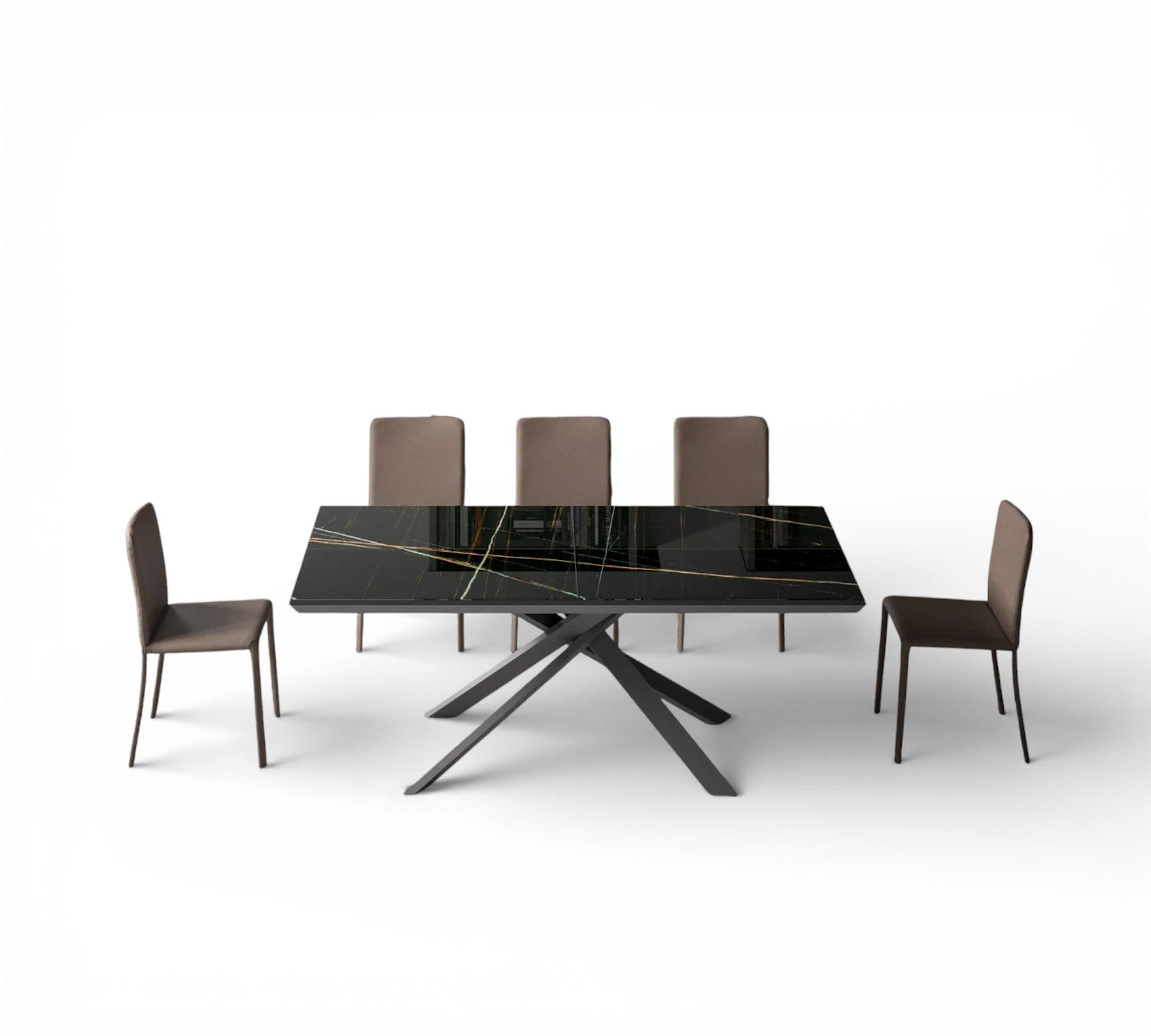 4x4 dining table with six chairs on a white background