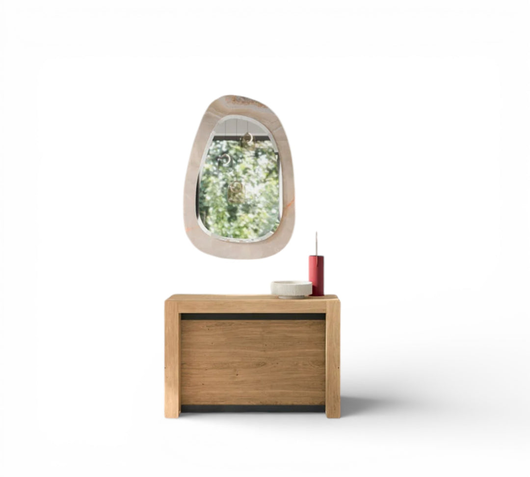 A3 Wooden console with round mirror on a white background