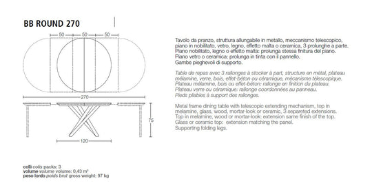 BB Round extendable dining Table measurements and description