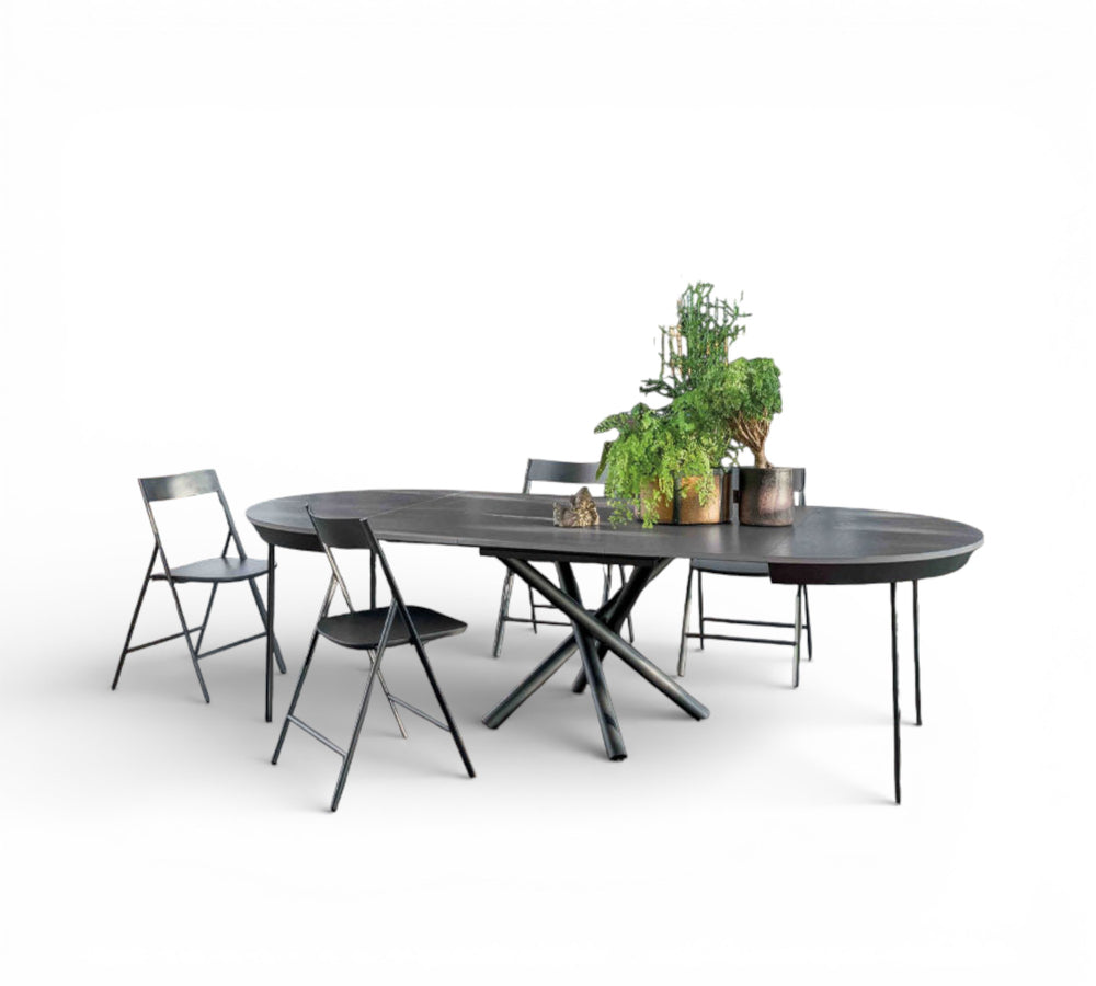 BB Round dining table with chairs and plants on a white background