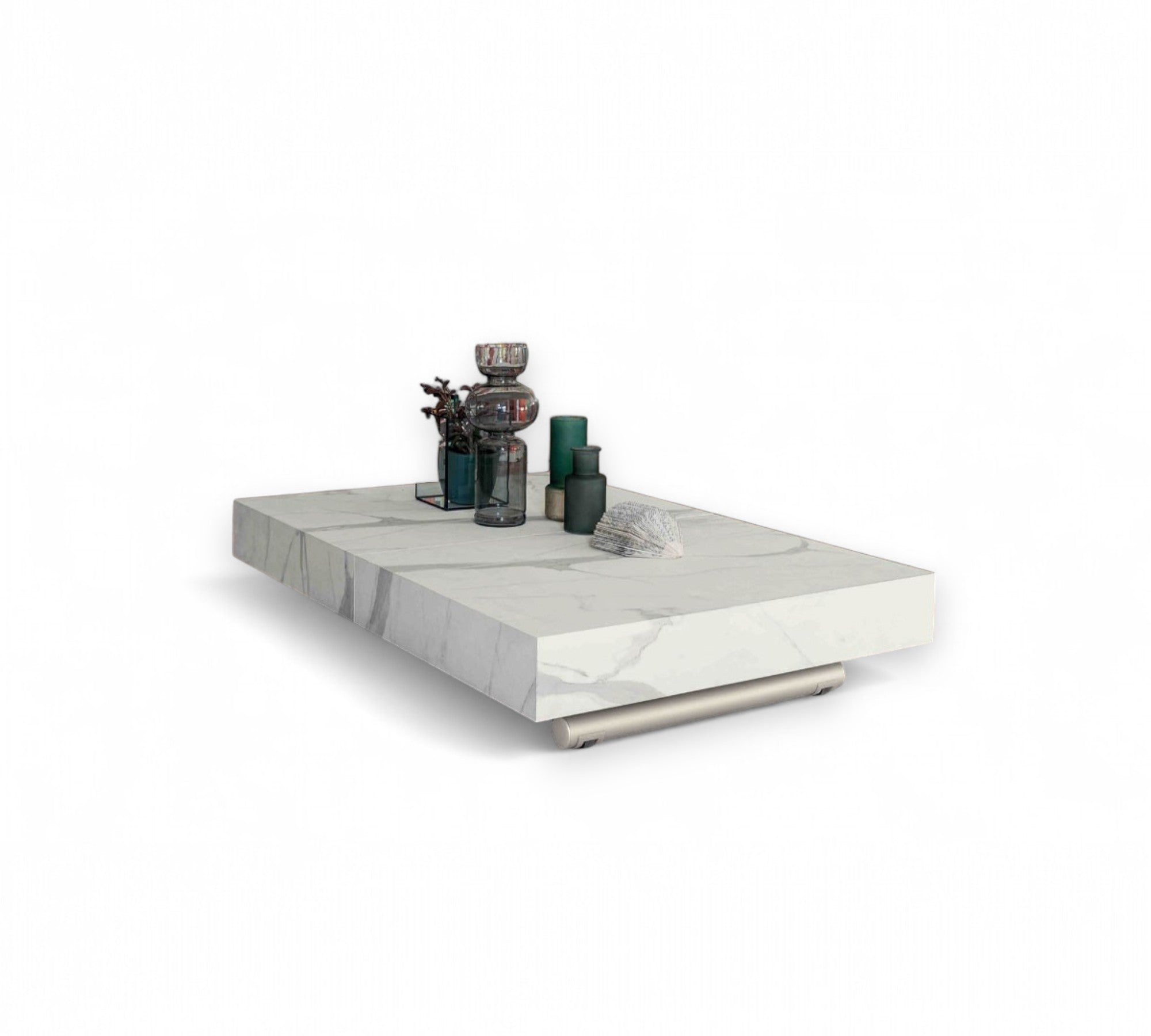 Boxy modern coffee table with marble-like finish on a white background