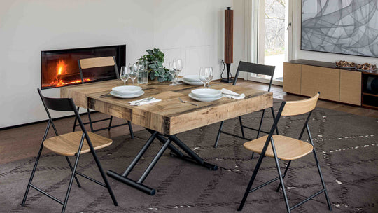 Block coffee table transforms to a dining table