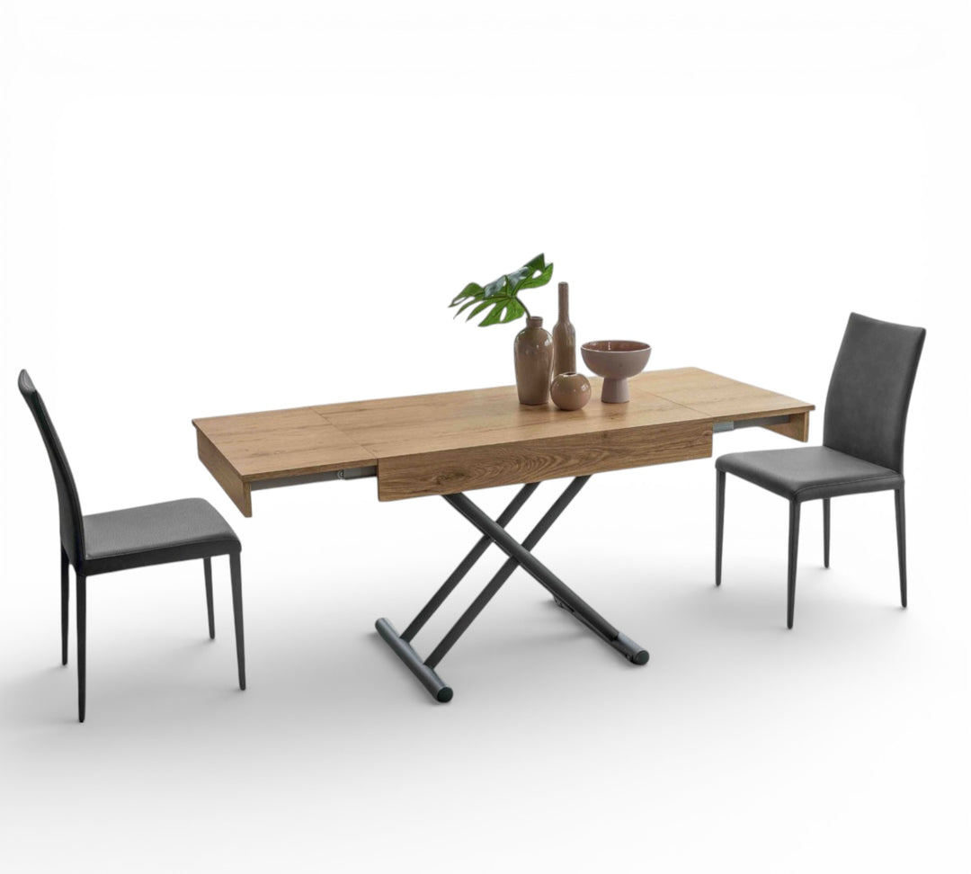 Boxy Small wooden dining table with black chairs on a white background