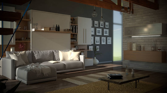Modern living room featuring the City W59 3 seater sofa wall bed, coffee table, and bookshelf.