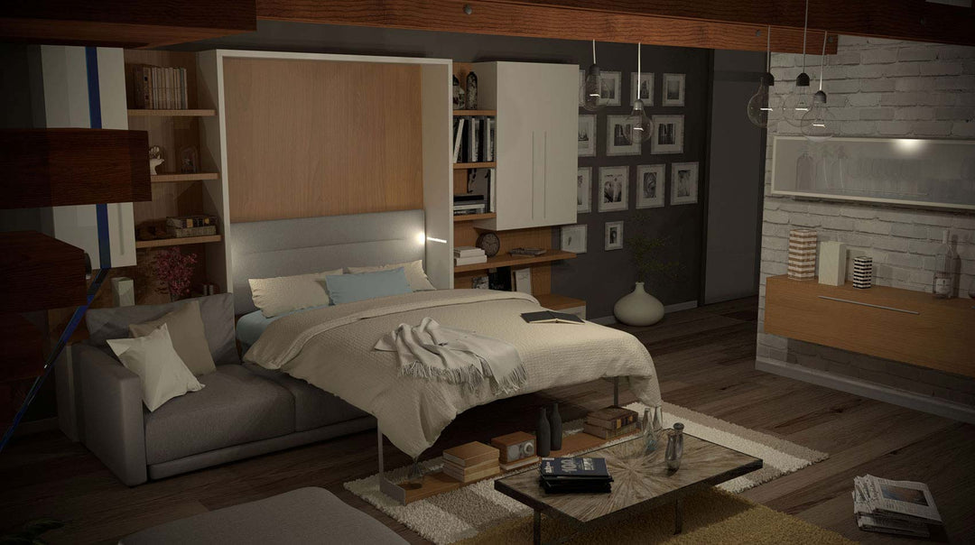 Modern bedroom with  City W59 sofa wall bed and shelving units by night.
