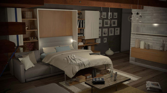 Modern bedroom with  City W59 sofa wall bed and shelving units by night.