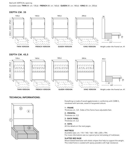 Technical diagram of a bed with dimensions and versions labeled.
