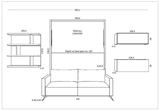 Technical drawing of the City Dream sofa wall bed and shelving system.