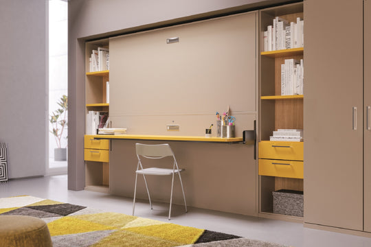 Cocoon Board bunk bed. Modern room with a Murphy bed converted into a desk, with shelves and books in the background.