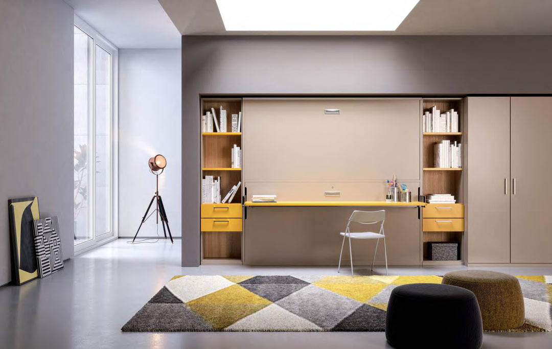 Cocoon Board bunk bed. Modern office space with a desk, shelves, and decorative elements.