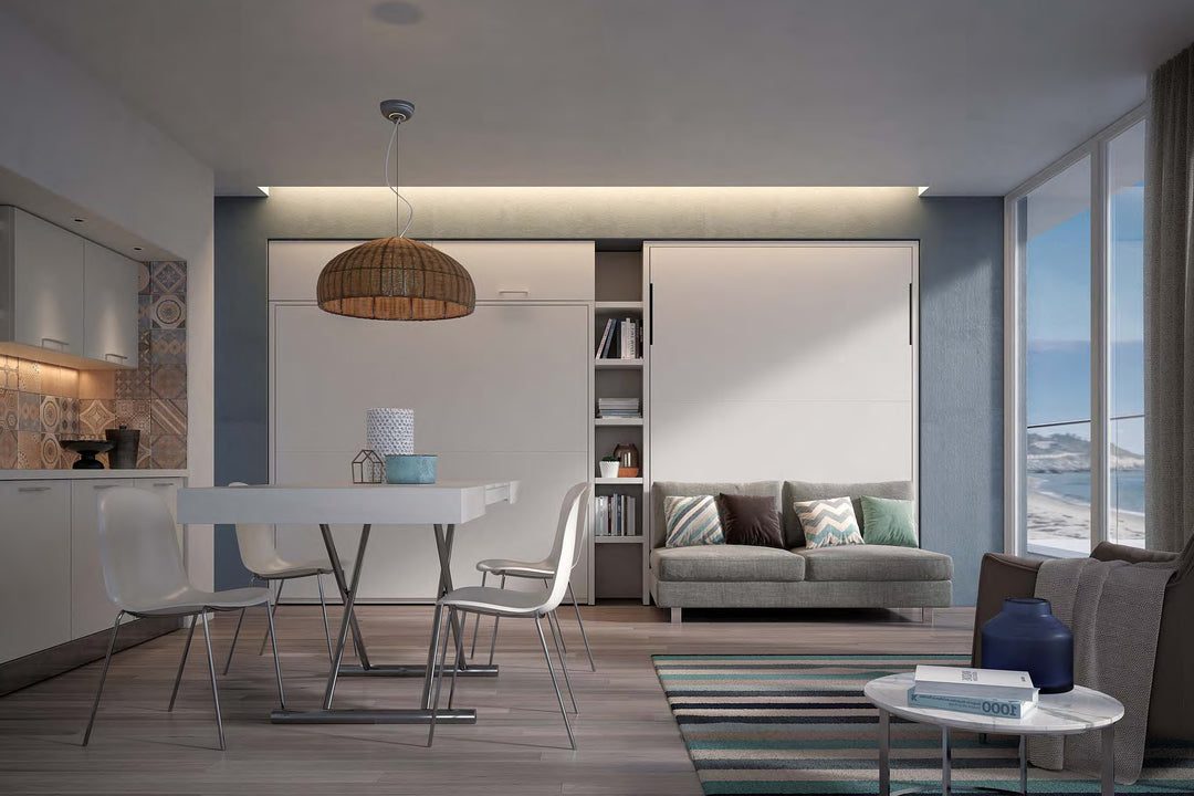 Cocoon bunk bed. Modern living room with grey sofa, dining table, and kitchen area.