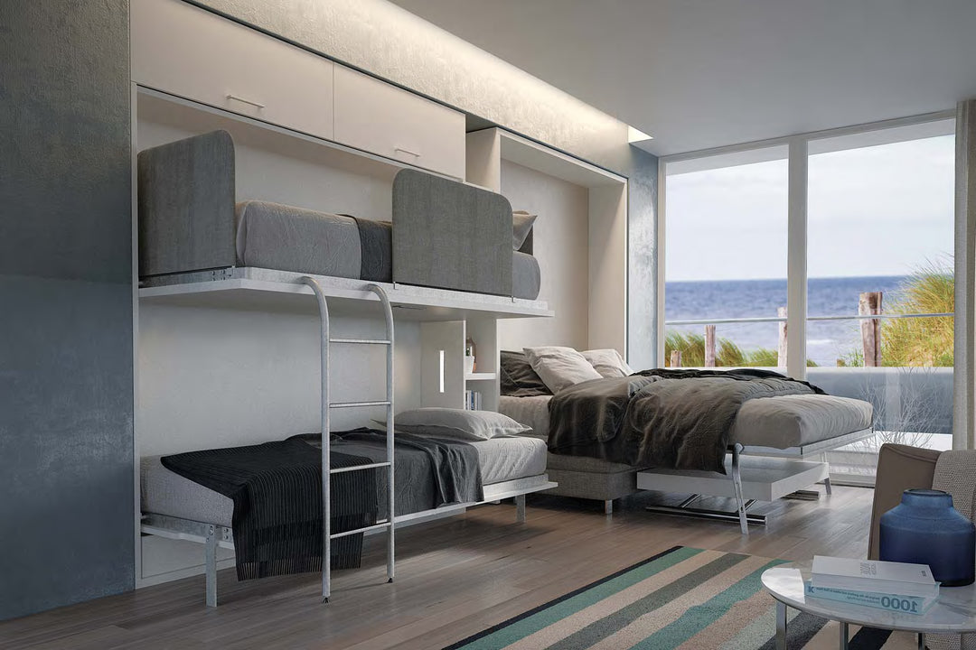Cocoon bunk bed. Modern bedroom with bunk beds and a large window view of the ocean.