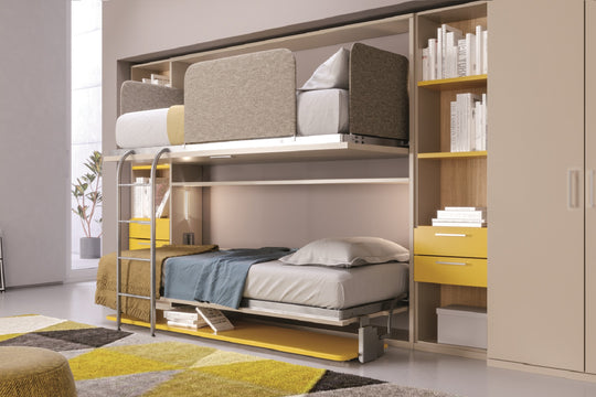 Cocoon Board bunk bed. Modern bedroom with a Murphy bed and bookshelves.