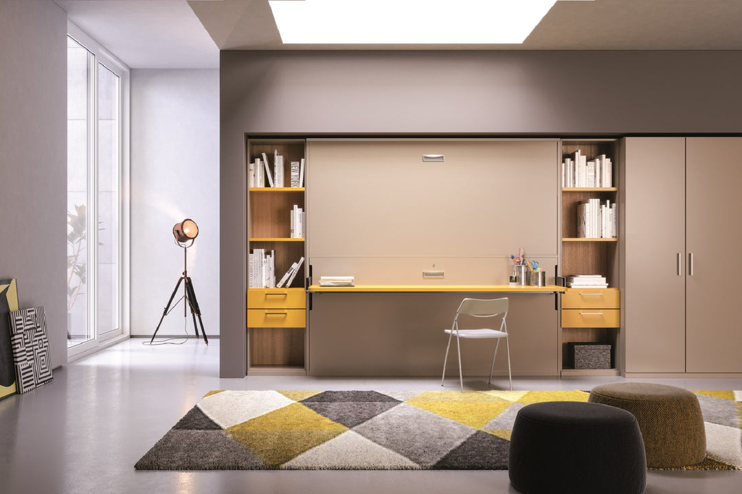 Cocoon Board bunk bed. Modern office space with a desk, shelves, and decorative elements.