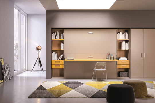 Cocoon Board bunk bed. Modern office space with a desk, shelves, and decorative elements.