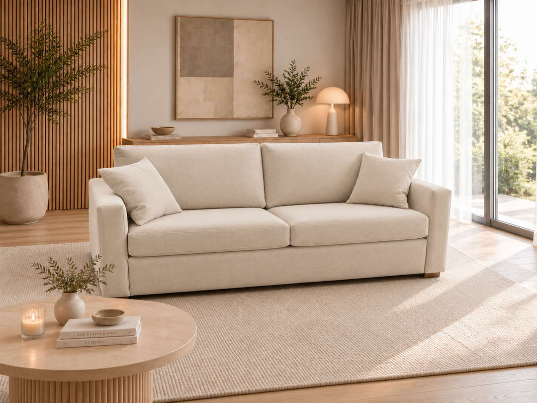 Comfy 14 sofa bed, cream sofa bed with two scattered cushions, made in Italy for every day use