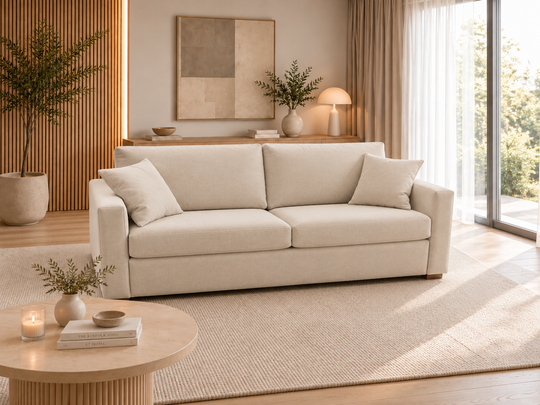 Comfy 14 sofa bed, cream sofa bed with two scattered cushions, made in Italy for every day use