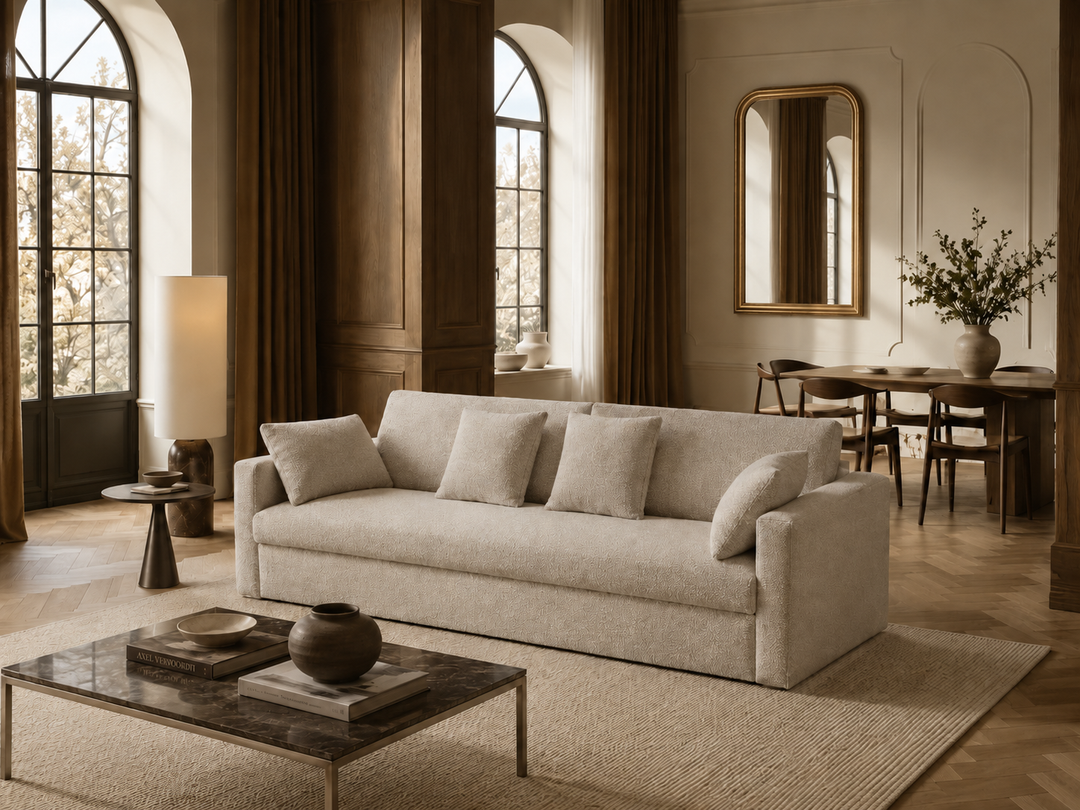 A light beige upholstered Comfy side sofa bed with matching throw pillows in a warm, elegant living room with wood paneling, arched windows, and a coffee table in the foreground.
