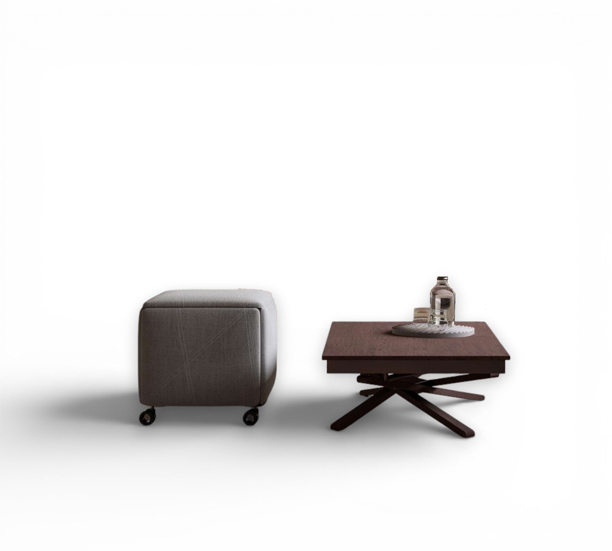 Gray Cubix ottoman and wooden side table on a white background