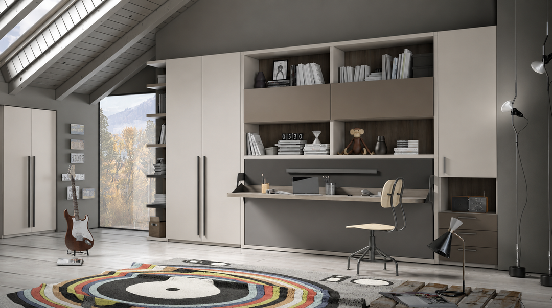 Study bed, single murphy wall bed with desk by day
