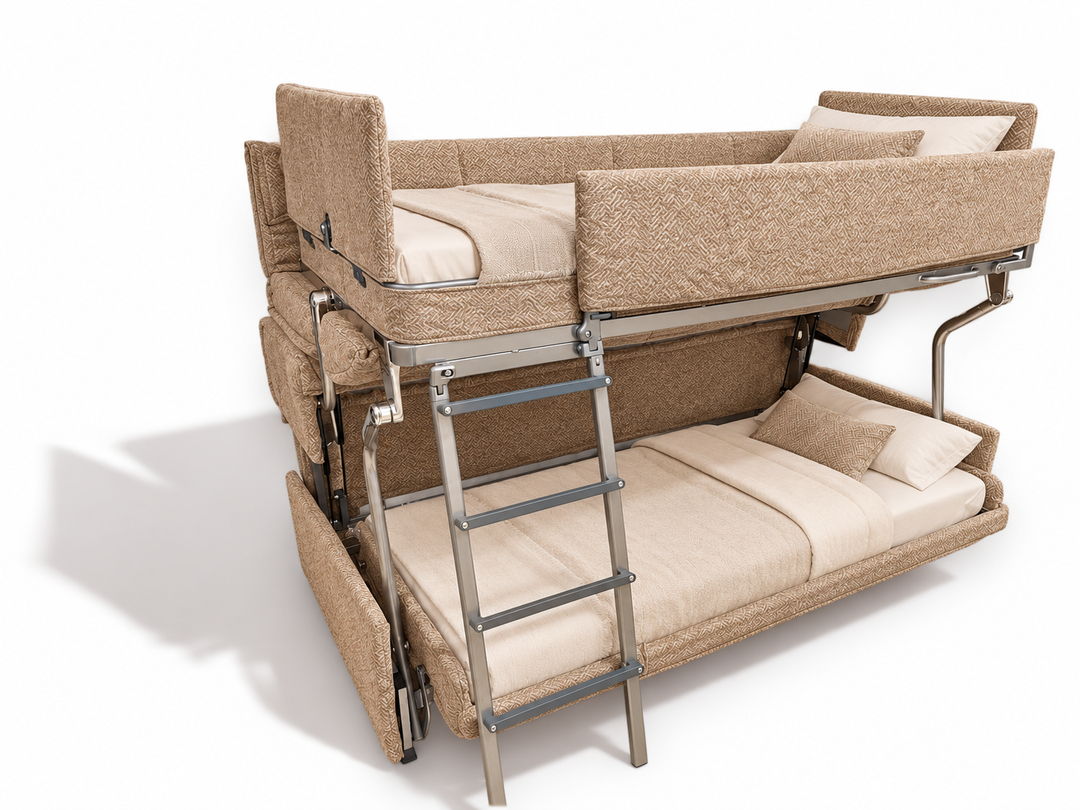 Flip 2 compact convertible bunk bed with beige textured fabric upholstery and a silver metal ladder, shown on a white background with a soft shadow.
