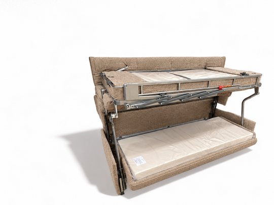 Flip 3 compact convertible sofa bed shown in a partially folded-down position on a white studio background, revealing the mattress and metal support frame.