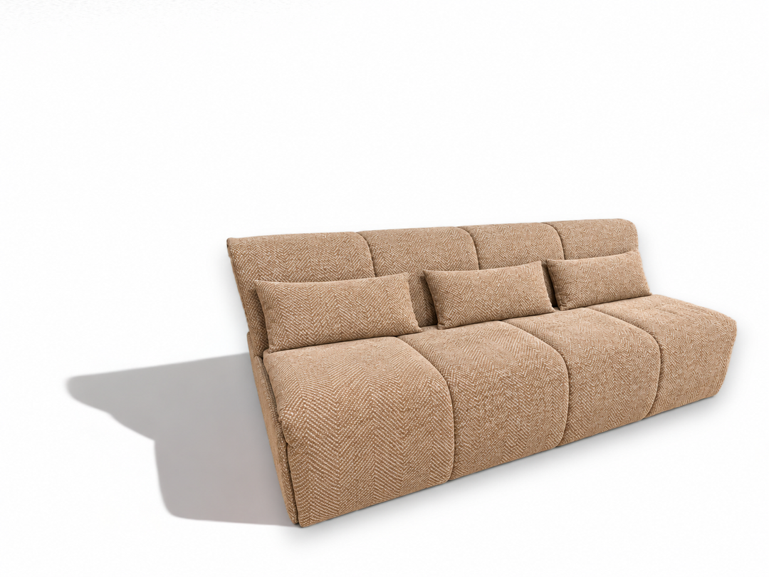 Our modern Flip 3 Sofa bunk upholstered sofa bed in a textured Romo fabric , shown at an angle on a white background with a soft shadow.