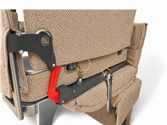 Close-up of the side of the mechanism showing the locking mechanism of our Flip 3 sofa bunk bed, beige herringbone upholstery against a white background.