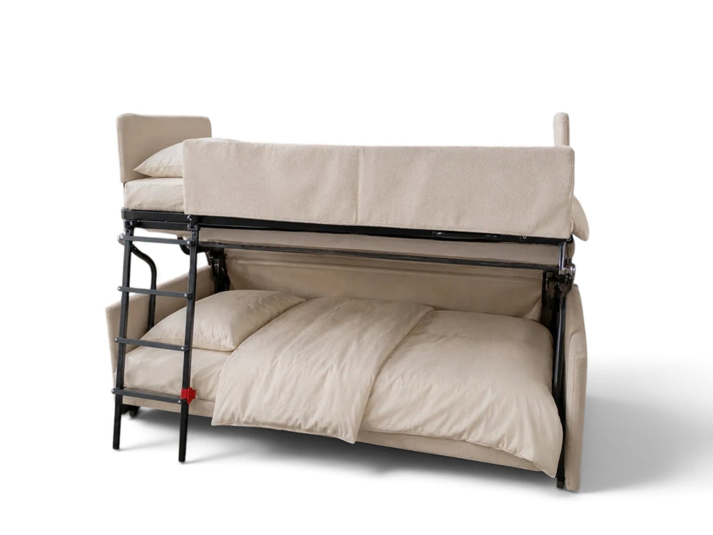 Our beige upholstered Flip sofa bunk bed with a black metal frame, shown with bedding on both levels against a plain white background.