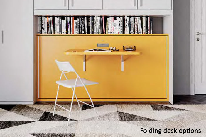 Nest single horizontal wall bed with foldaway desk. Yellow folding desk with a white chair in a room setting.