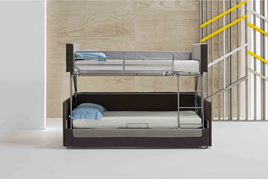 Gray Gemini sofa bunk bed in the bunk bed position.