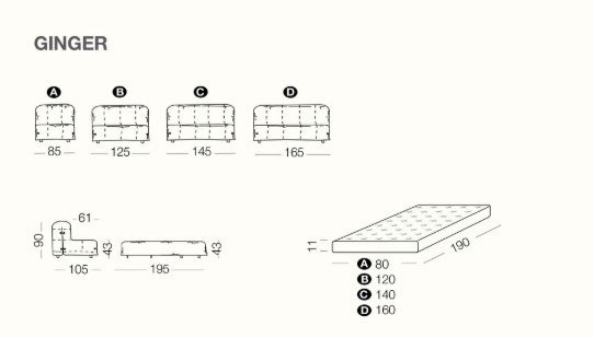 Technical drawing of Ginger sofa bed