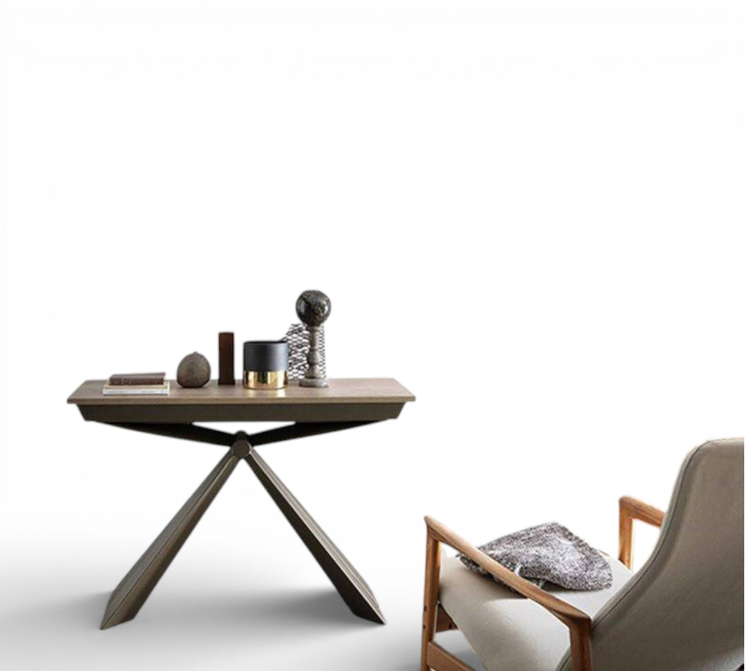 Golf modern coffee table with decorative items next to a chair on a white background