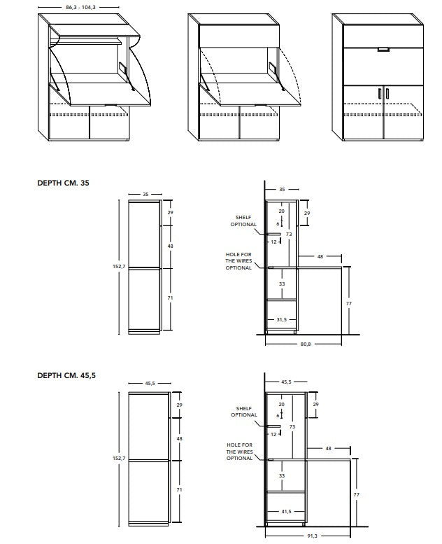 Technical drawings of the Home Office with dimensions on a white background