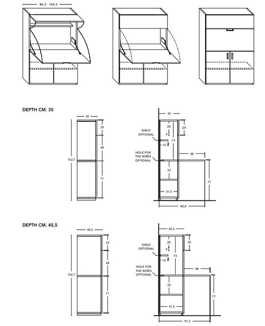 Technical drawings of the Home Office with dimensions on a white background