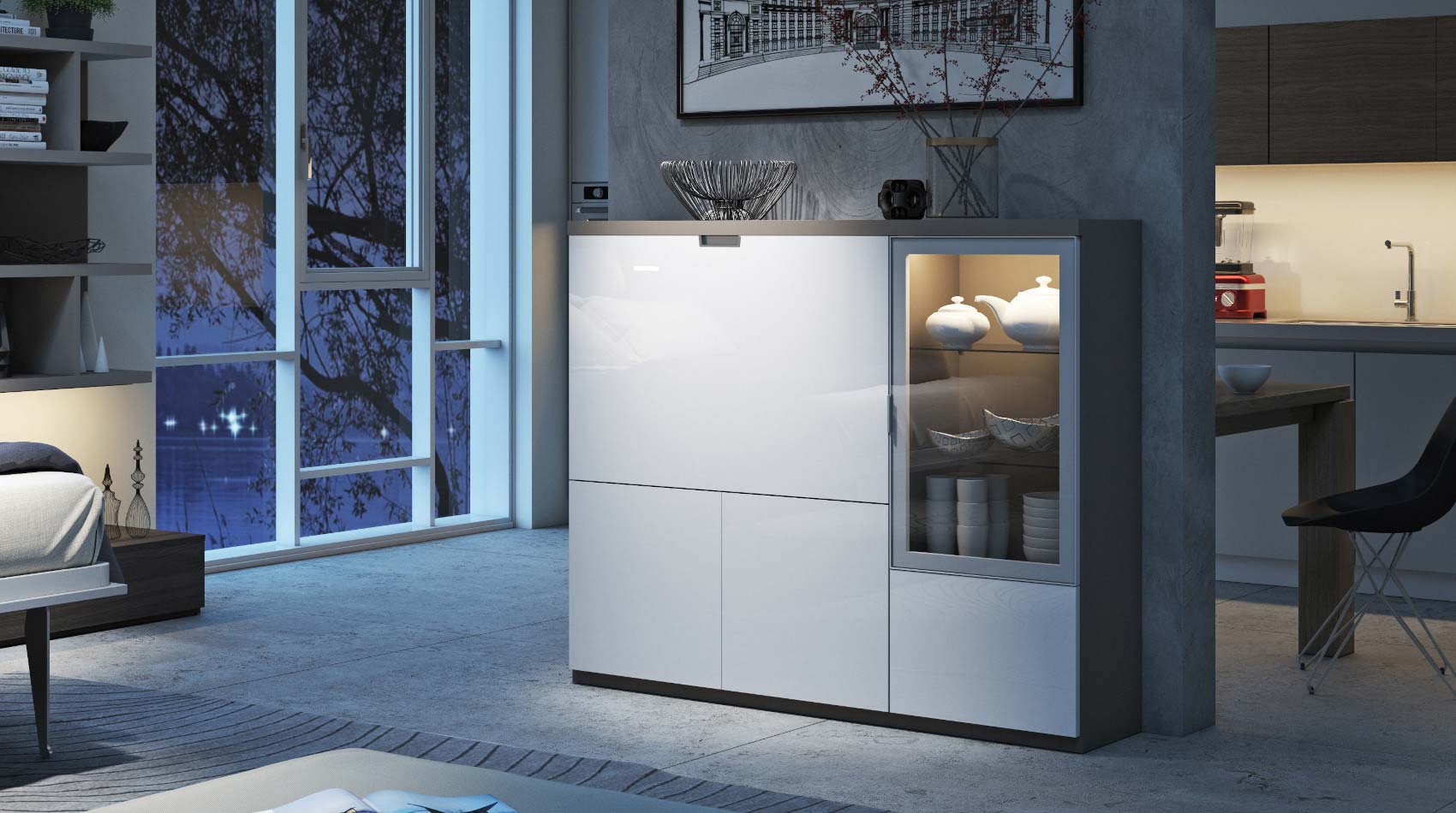 Modern white home office unit in a living room setting