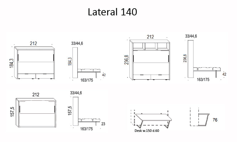 Technical drawing of a desk with dimensions labeled for the Lateral 140 wall bed.