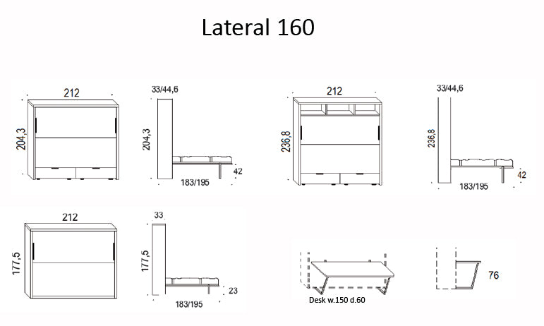 Technical drawing of a furniture piece with dimensions labeled for Lateral 160 wall bed.