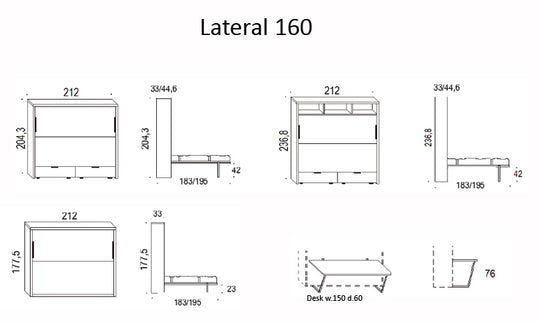 Technical drawing of a furniture piece with dimensions labeled for Lateral 160 wall bed.