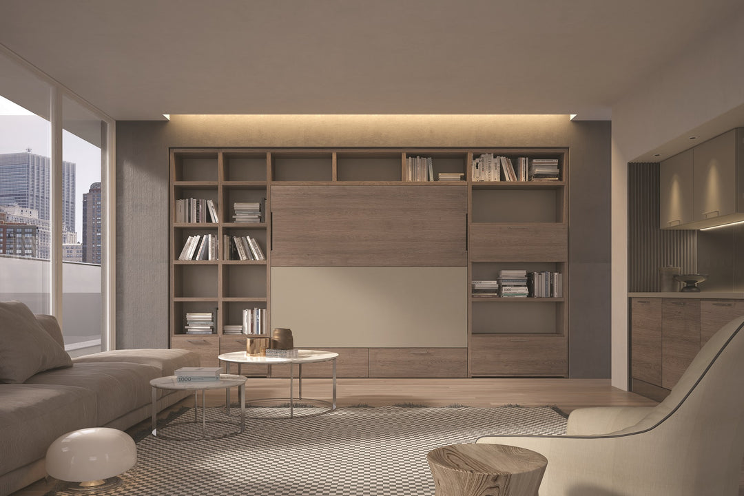 Lateral Murphy wall bed by day with a hight of 236.8cm built in with storage and shelving units.