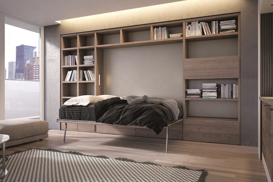 Lateral Murphy wall bed by night with a hight of 236.8cm built in with storage and shelving units.