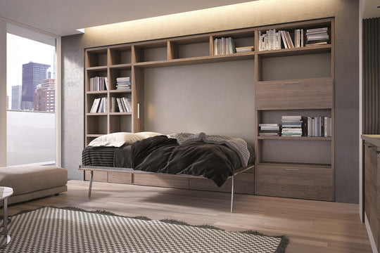 Lateral Murphy wall bed by night with a hight of 236.8cm built in with storage and shelving units.