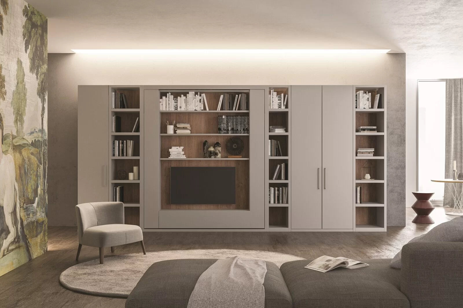 Orbit TV modern bedroom with a large bookshelf unit, sofa, and chair.