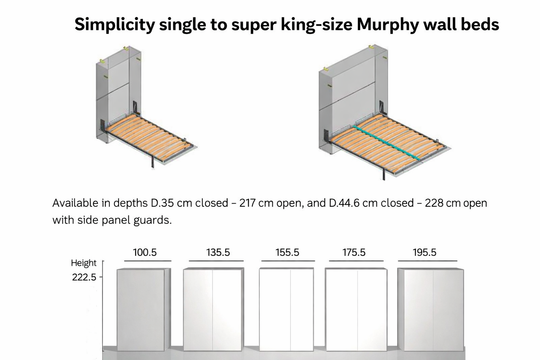 Diagram of simplicity single to super king-size Murphy wall beds with dimensions.