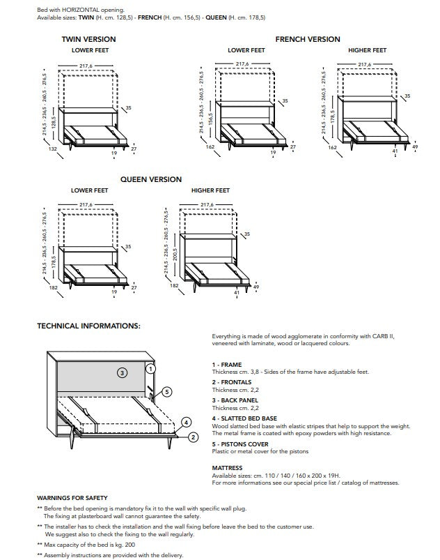 Technical diagram of the Space desk horizontal wall bed with different versions and measurements on a white background.