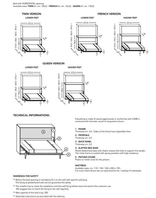 Technical diagram of the Space desk horizontal wall bed with different versions and measurements on a white background.