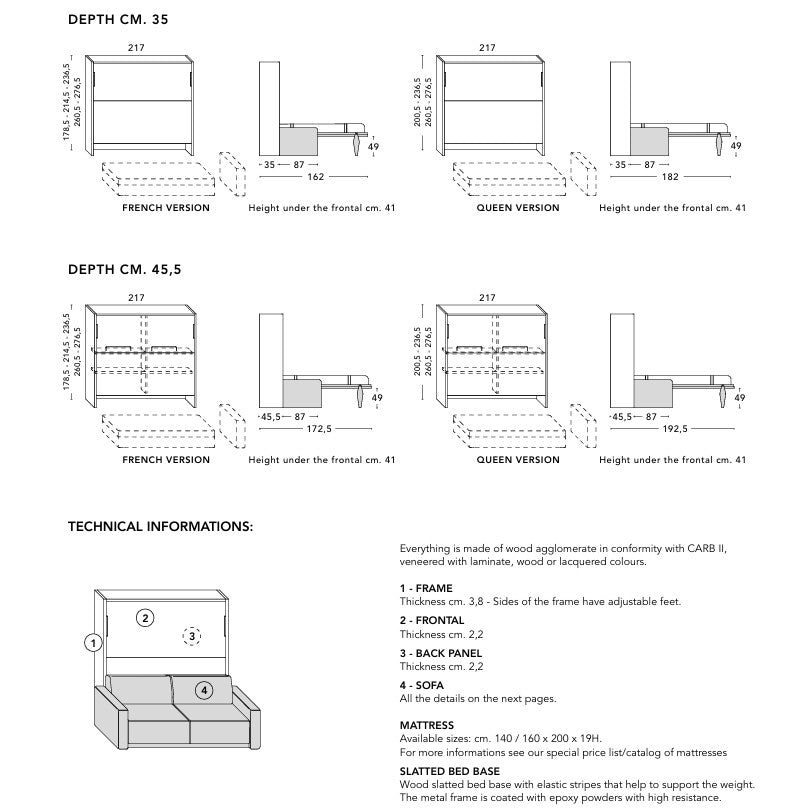 Space W12 horizontal sofa wall bed dimensions