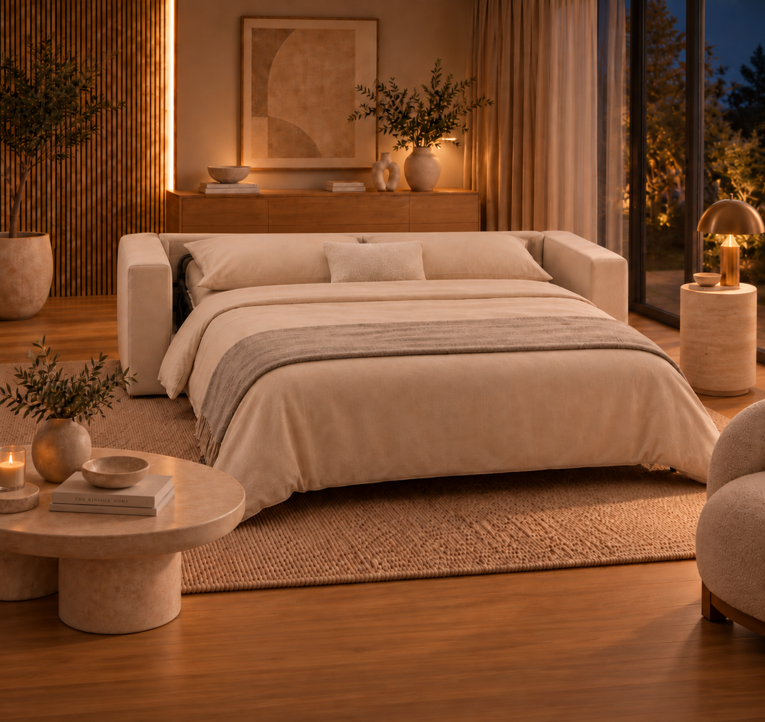 Trendy everyday sofa bed, wide arms cream covers.